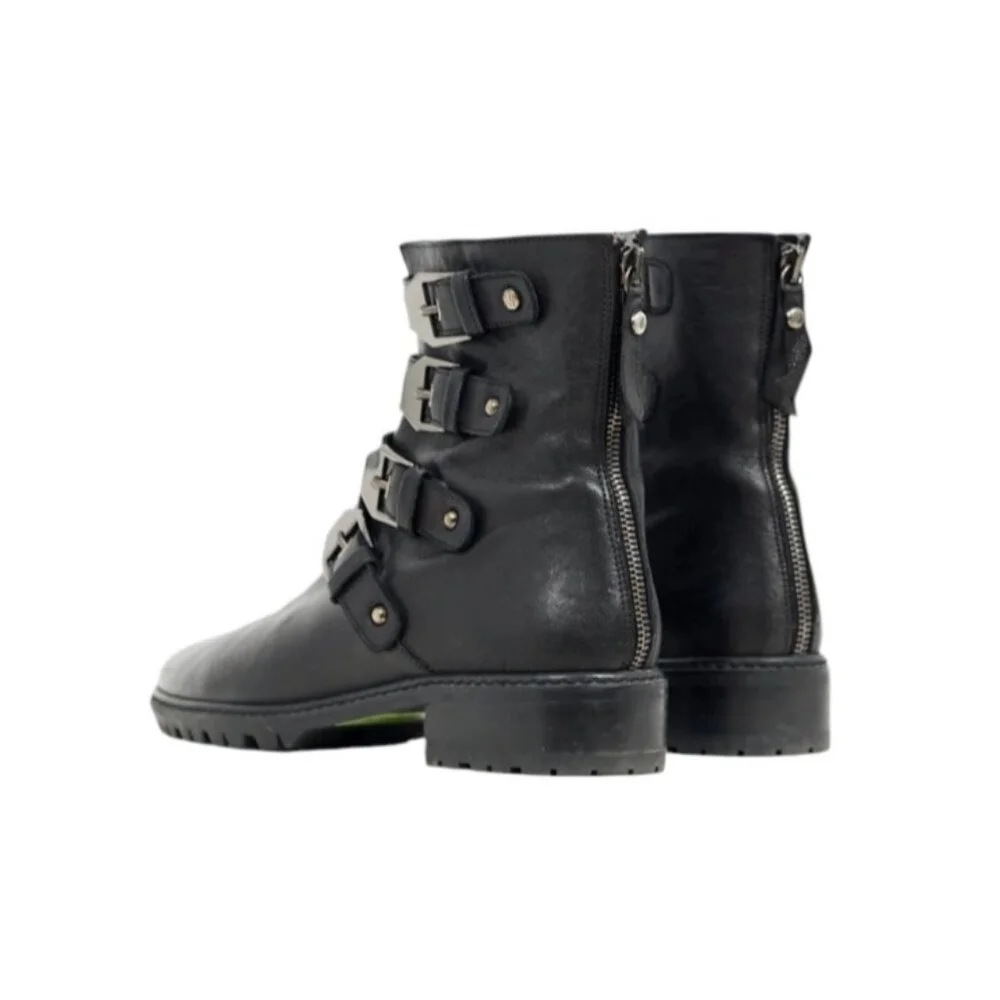 Stuart Weitzman Jitterbug Boot Leather Moto Four Buckle Black Round Toe Ankl 8